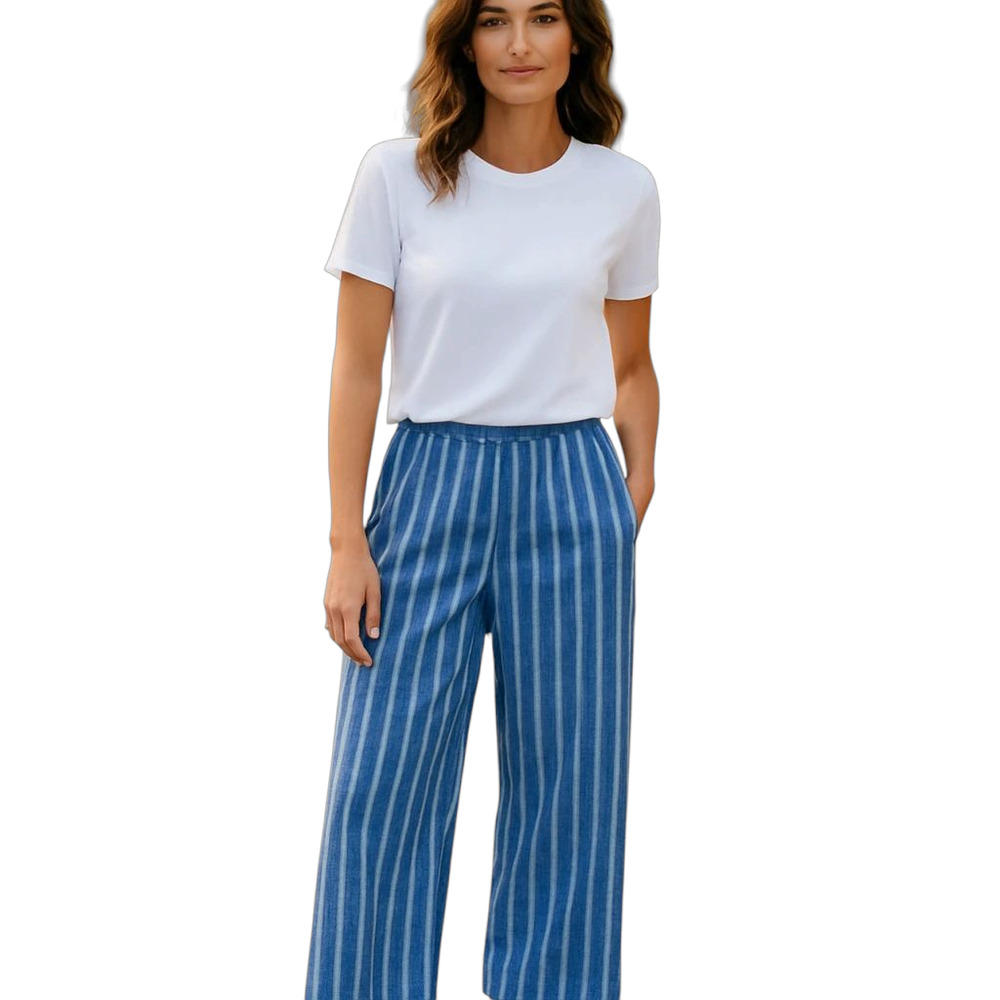 Old Navy Linen Blend Pants Wmn's Sz L Blue Stripe Wide Leg Elastic waist Pockets